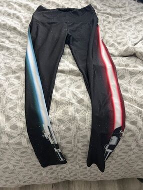 Goldsheep Black Leggings with Blue and Red Light Saber Stripes